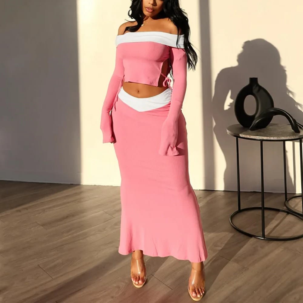 2024 Color Block Patchwork Knitted 2 Piece Set: Off Shoulder Top + Long Skirt